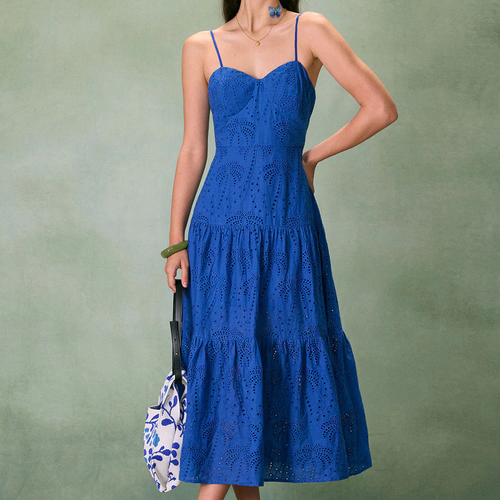 Sweetheart Neck Embroidery Tiered Spaghetti‑Strap Midi Dress