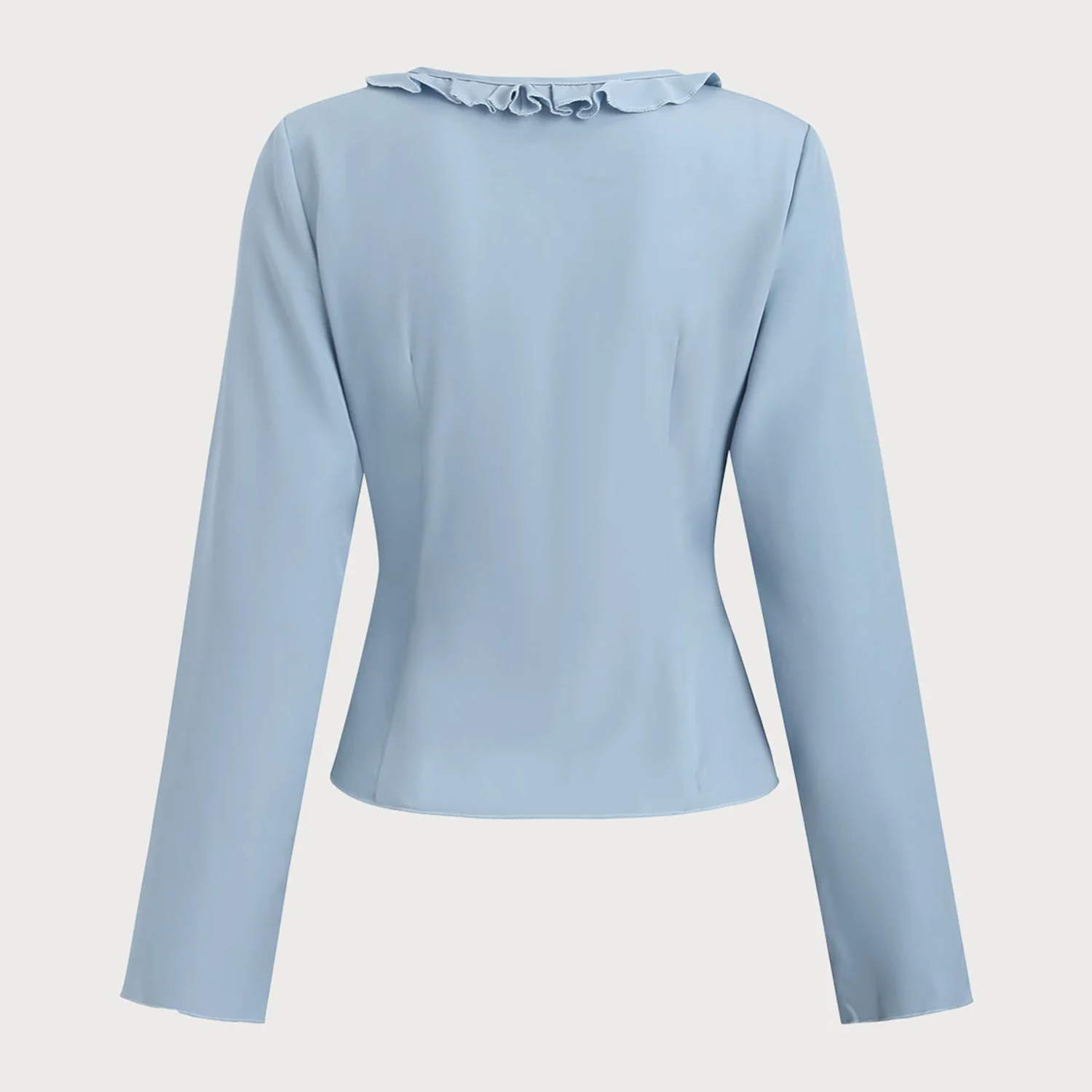 Blue Ruffled V‑Neck Tie‑Front Button Long‑Sleeve Blouse