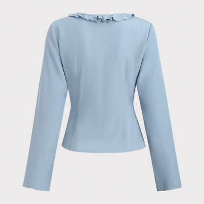 Blue Ruffled V‑Neck Tie‑Front Button Long‑Sleeve Blouse