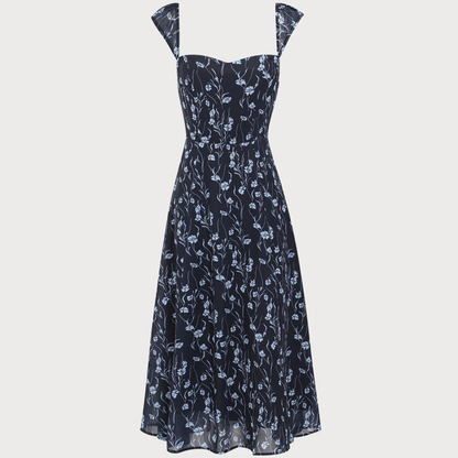 Navy Sweetheart Neck Cap‑Sleeve Navy Floral Midi Dress