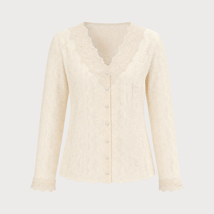 Apricot‑Tone V‑Neck Floral Textured Knit Button Cardigan