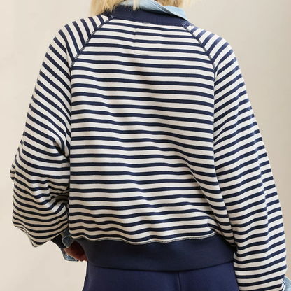 Classic‑Length Striped Raglan Crew Neck Fleece Sweatshirt