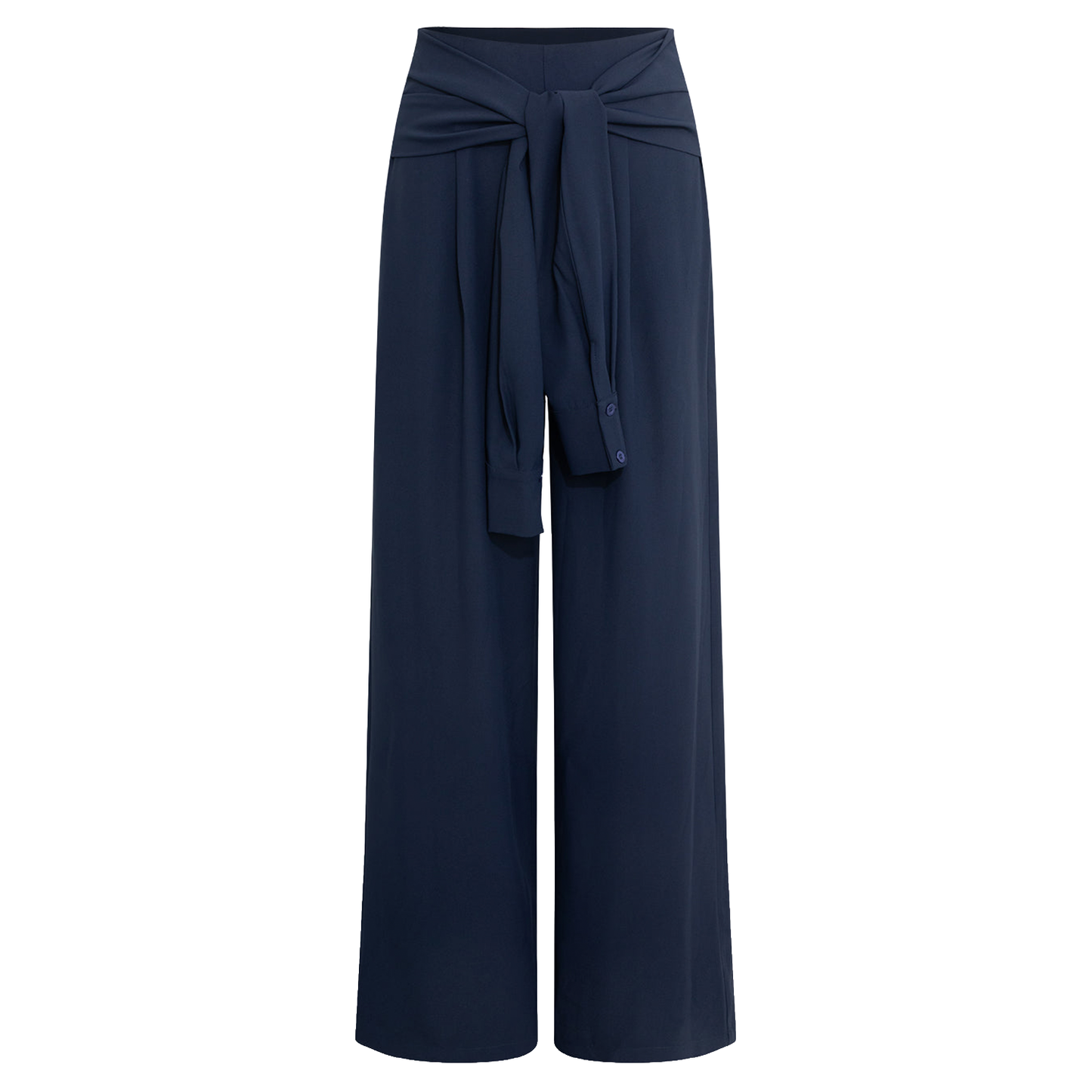 Solid Tie‑Front Wide‑Leg Twill Trousers