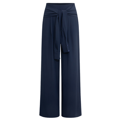 Solid Tie‑Front Wide‑Leg Twill Trousers